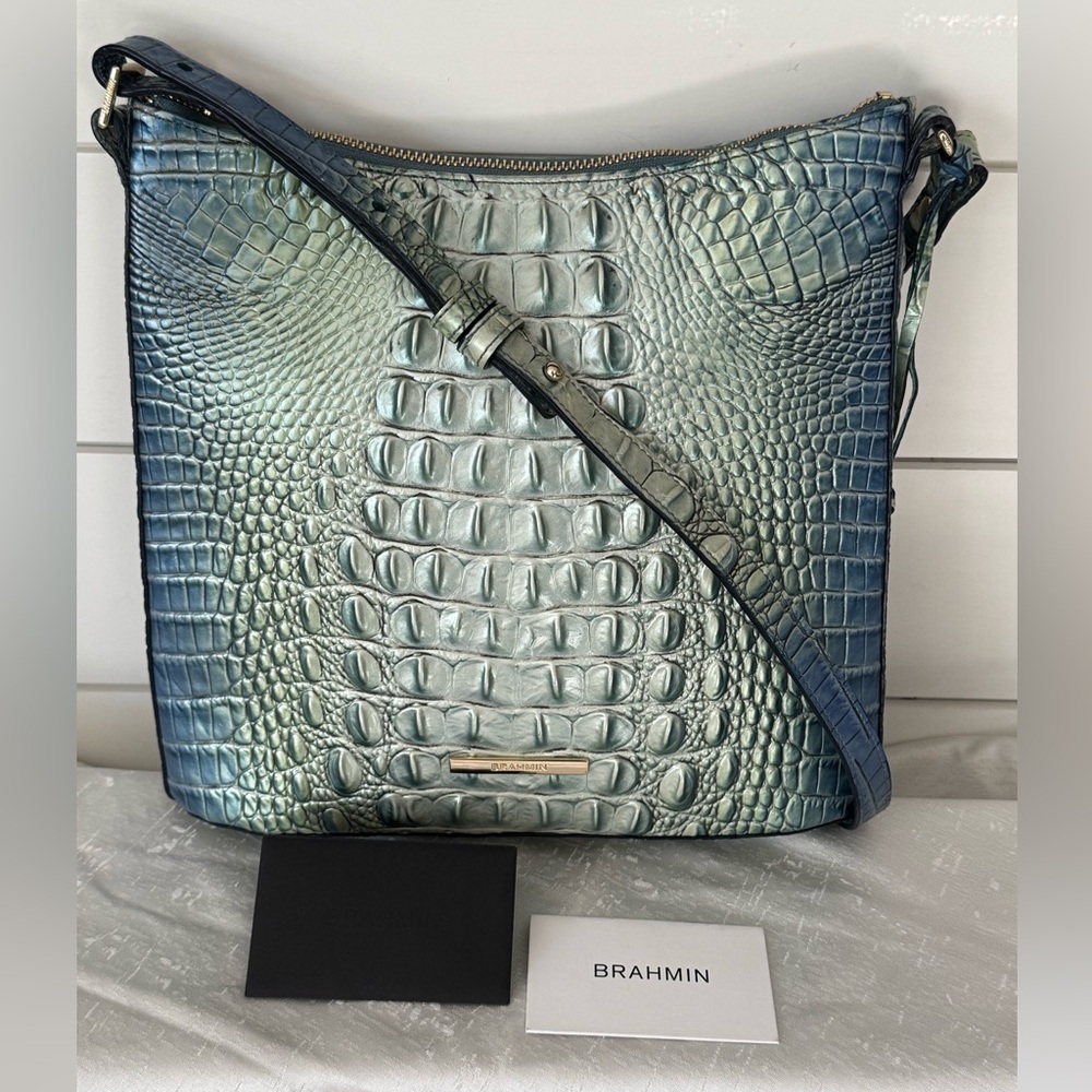 Brahmin Blue Katie Melbourne Teal Ombre Croc-Embossed Shoulder Bag - Picture 3 of 16